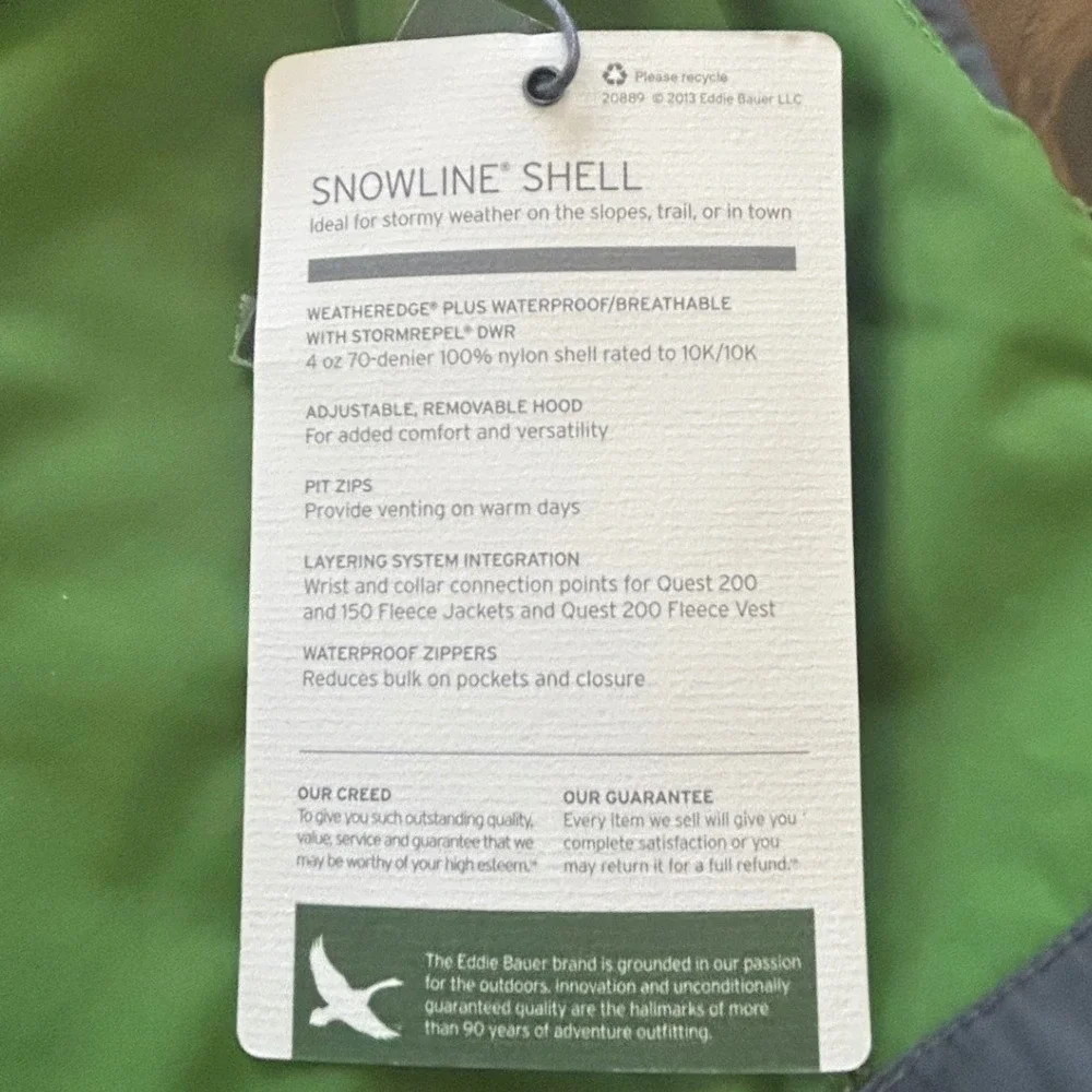 Eddie Bauer Snowline Shell Jacket Mens XL Green NWT Waterproof WeatherEdge Plus